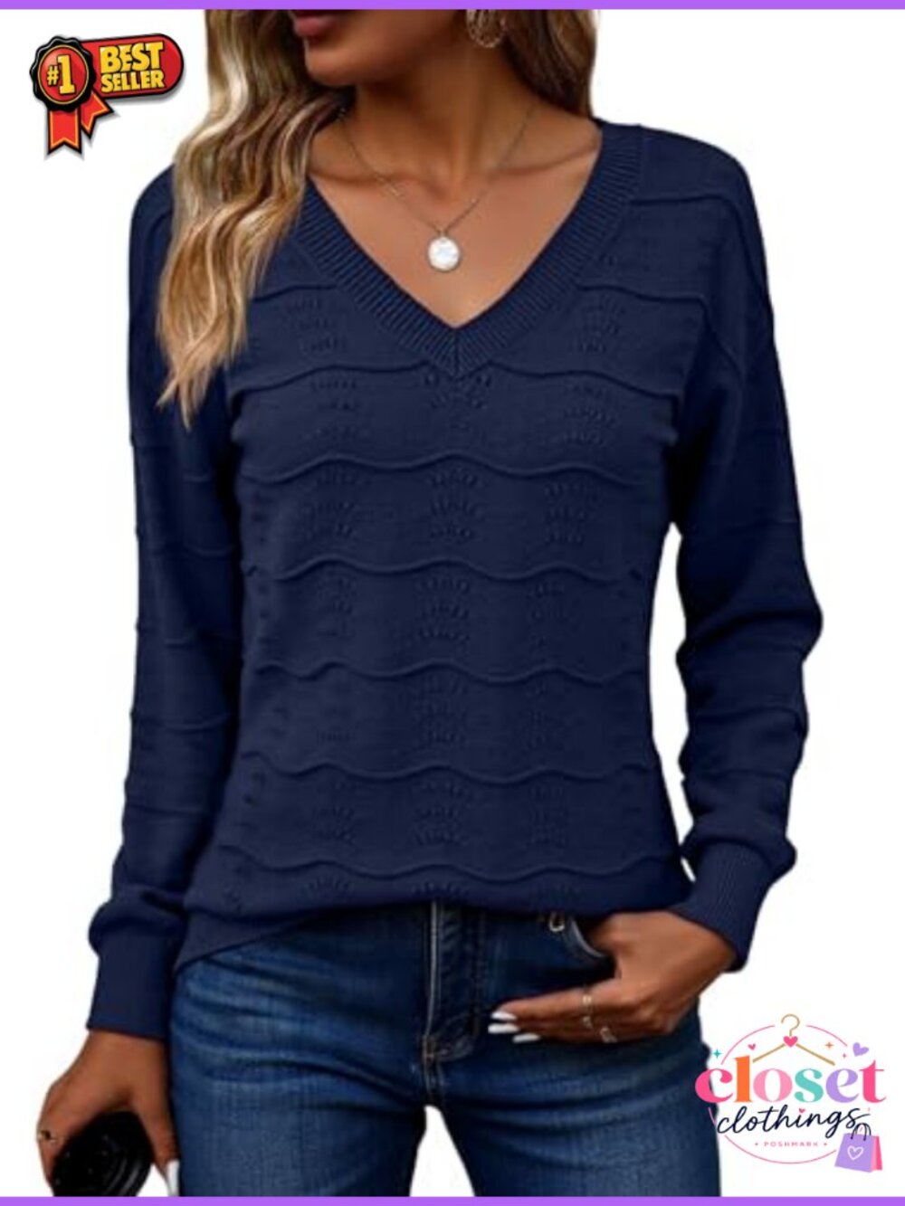 Crochet Ribbed Knit V-Neck Pullover Sweater Long Sleeve Casual Top